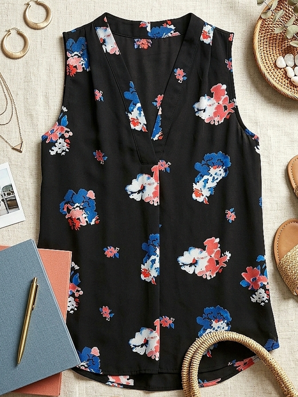 Floral V-Neck Sleeveless Blouse, Abstract Blue Coral Print Lightweight Top Small